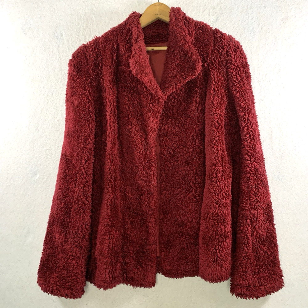 Vintage 70s Womens Faux Sherling Teddy Jacket Sz S/M Red Wine Indie Hippie Retro